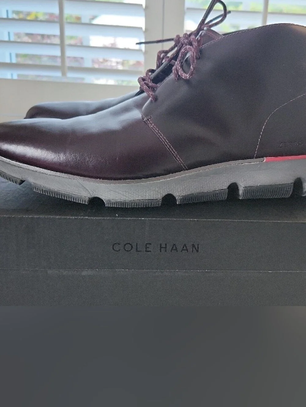 Cole Haan Men’s Burgundy Leather Chukka Boots with Patterned Round Laces